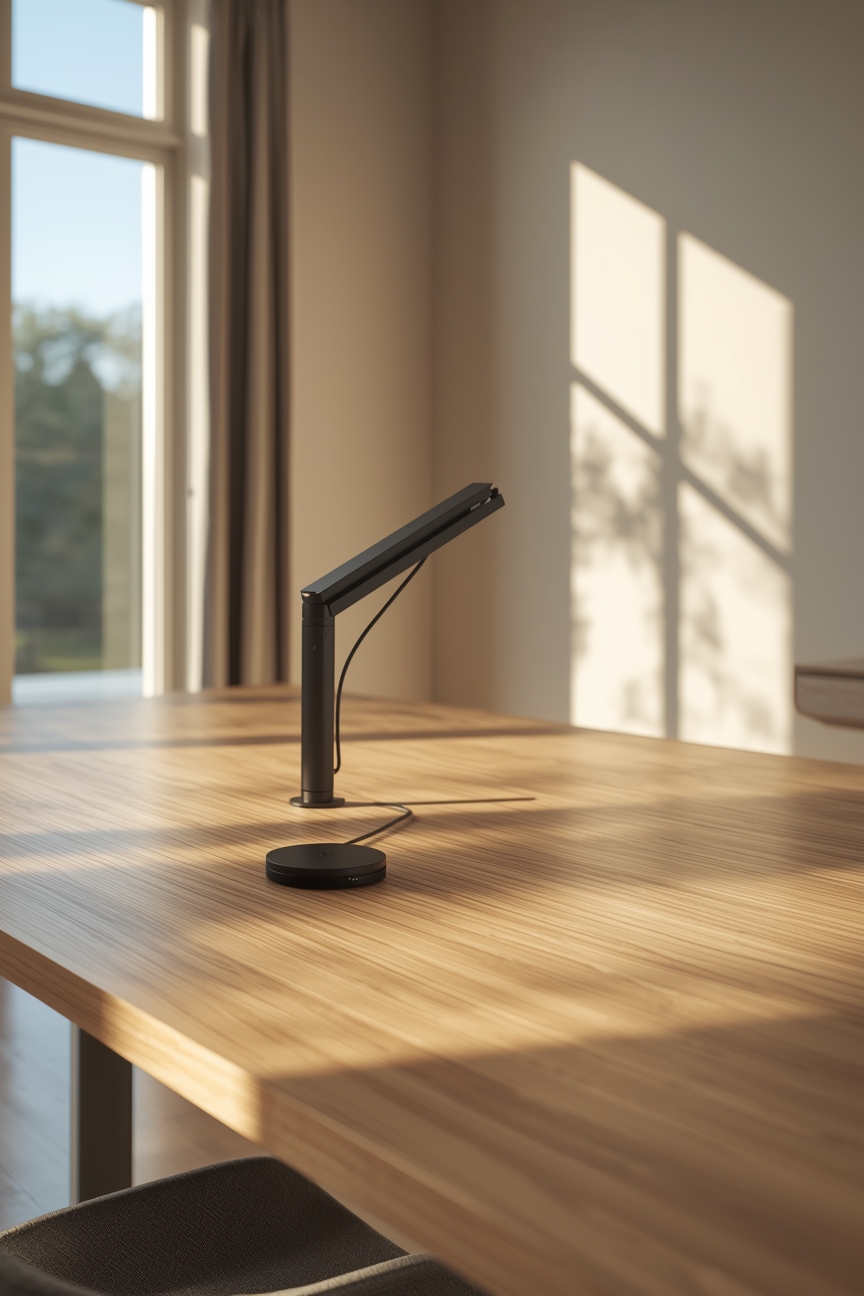 Helles minimalistisches Arbeitszimmer mit Kabelmanagement