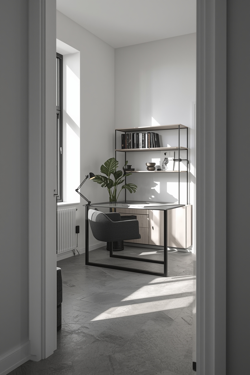 Monochromes Arbeitszimmer mit schlankem Schreibtisch