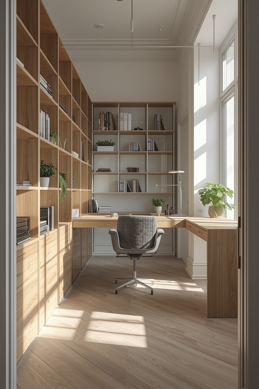 Offenes Home Office mit schlanken Regalmodulen