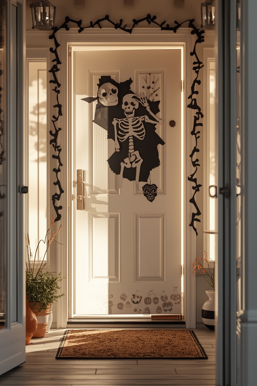 Papier-Skelett an der Haustür, helle einladende Halloween-Deko