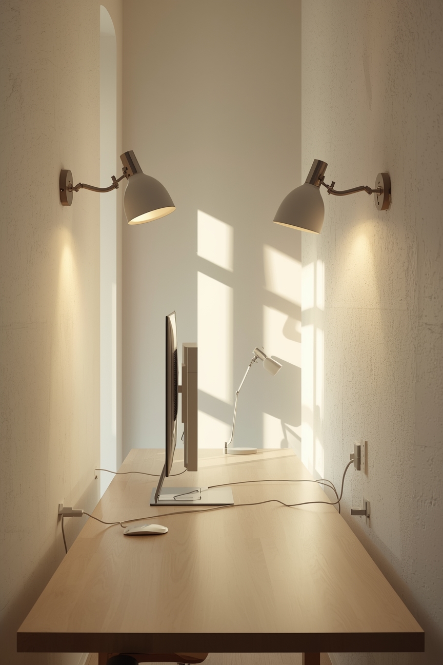 Arbeitszimmer mit schwenkbaren Wandleuchten