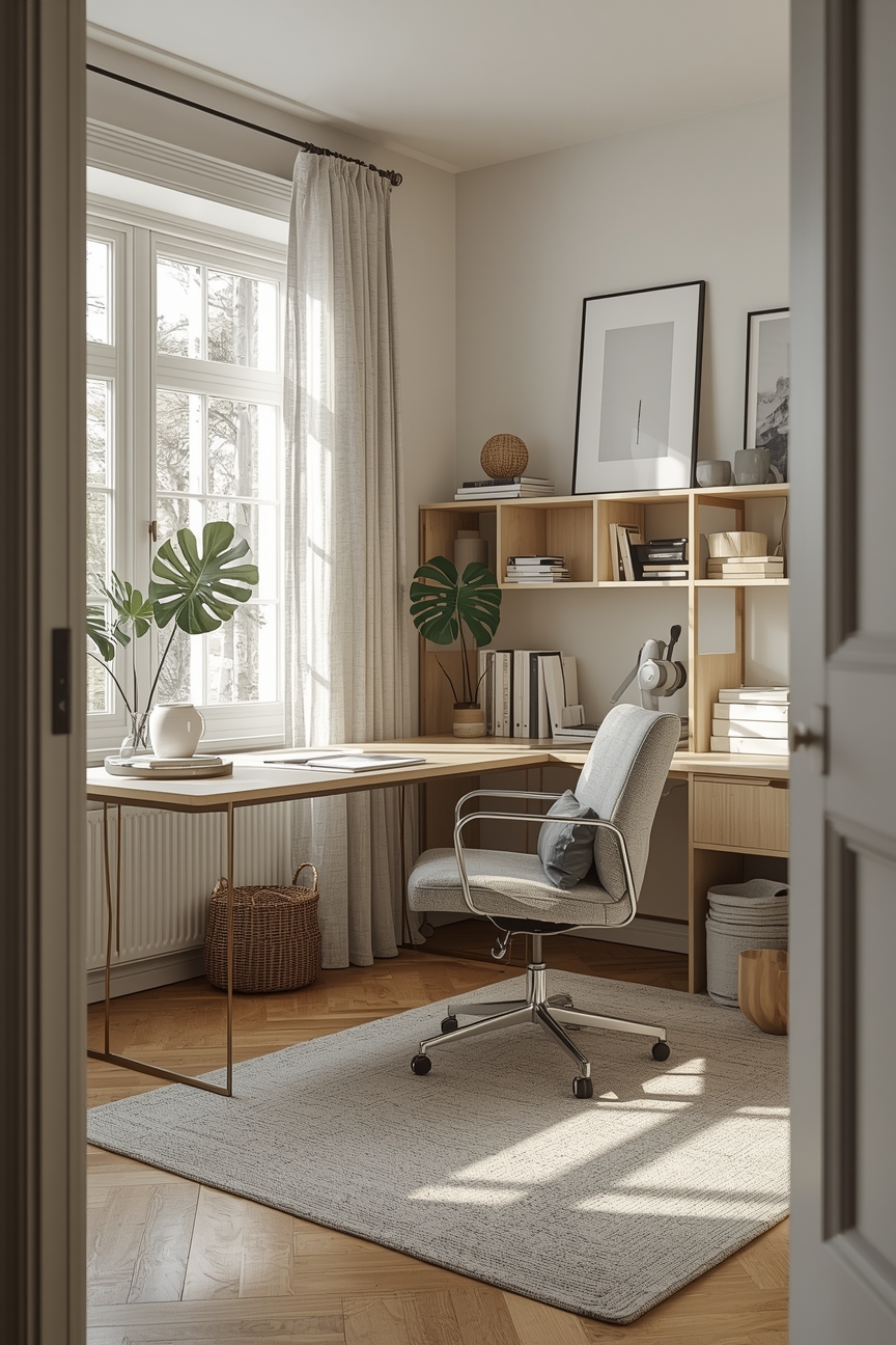 Skandinavisches Arbeitszimmer mit hellem Holzschreibtisch