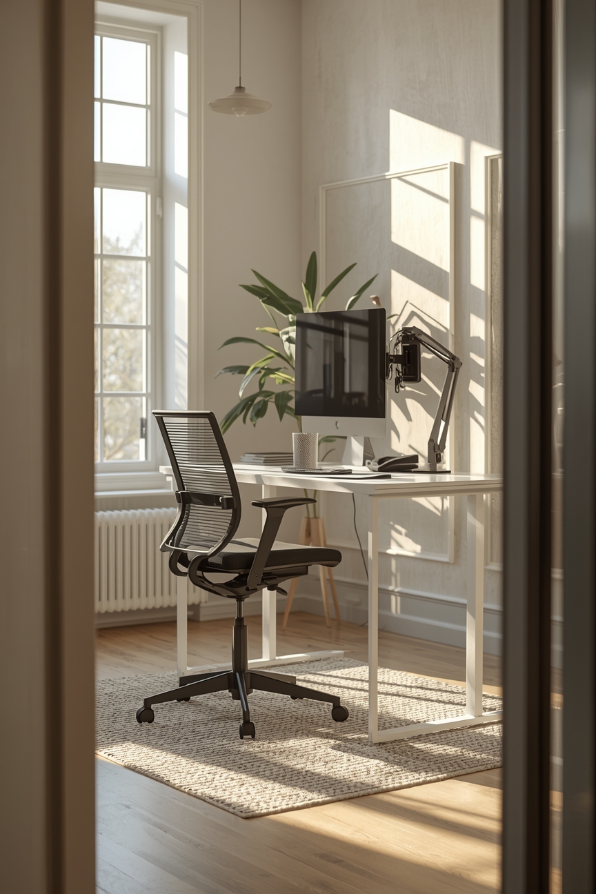 Steh-Sitz-Arbeitszimmer mit hoehenverstellbarem Tisch