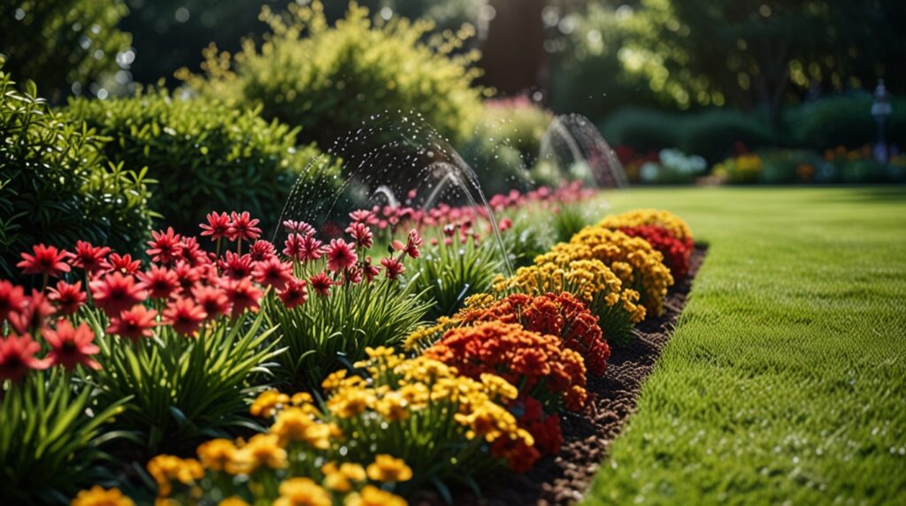 Automatische Bewässerungsanlage im Garten mit Sprinklern auf grünem Rasen