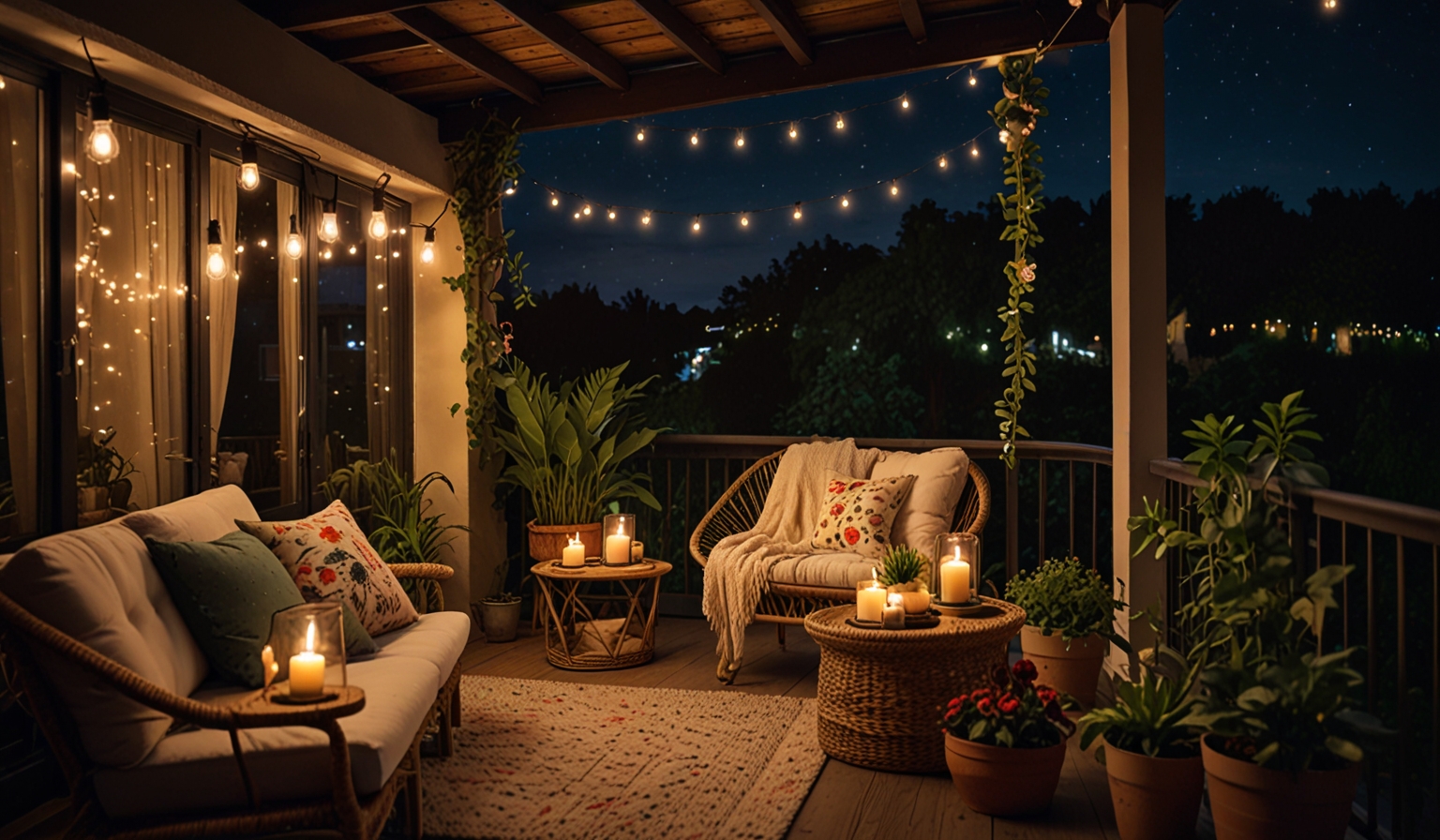 Abendstimmung auf dem Balkon mit Lichterketten und Pflanzen