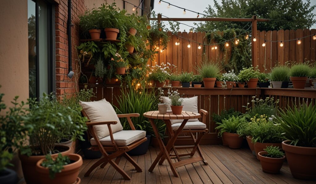 Gemütlicher Balkon mit Blumenkästen, Kräutern und Bistrotisch