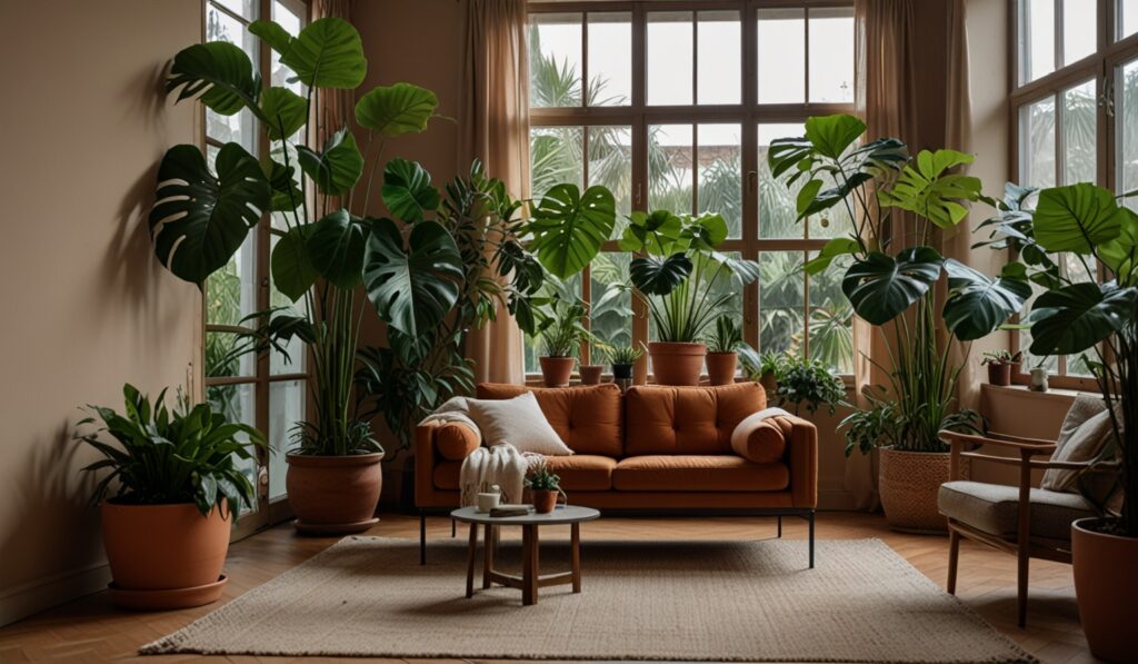 Botanisches Wohnzimmer mit riesigen Topfpflanzen und Palmenflair