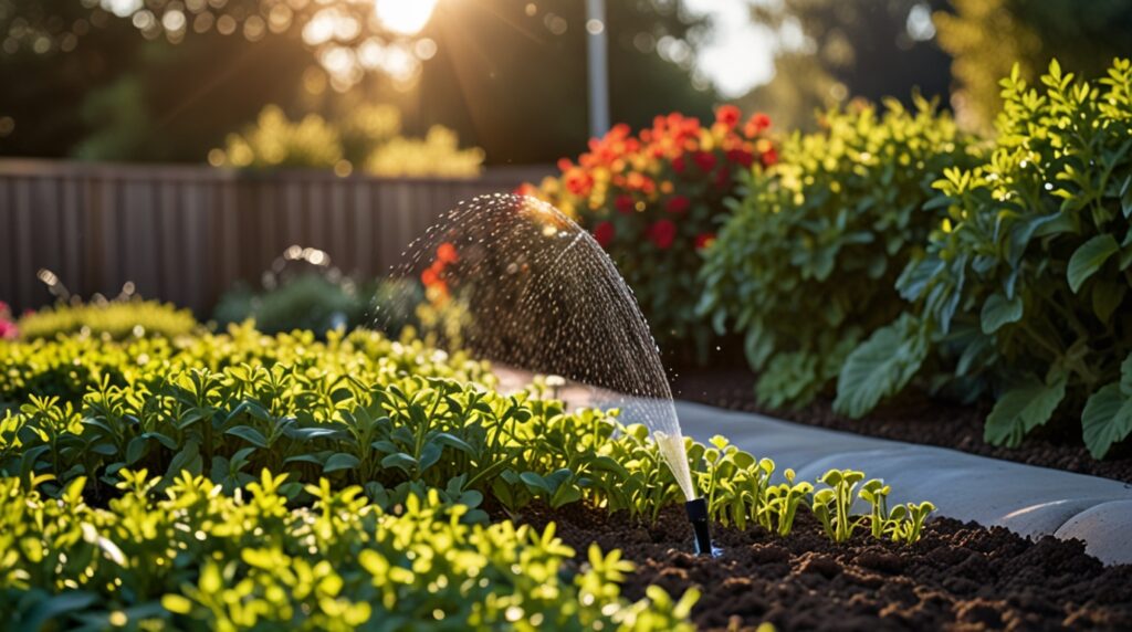 Smartes Bewässerungssystem im sonnigen Garten mit automatischen Sprinklern