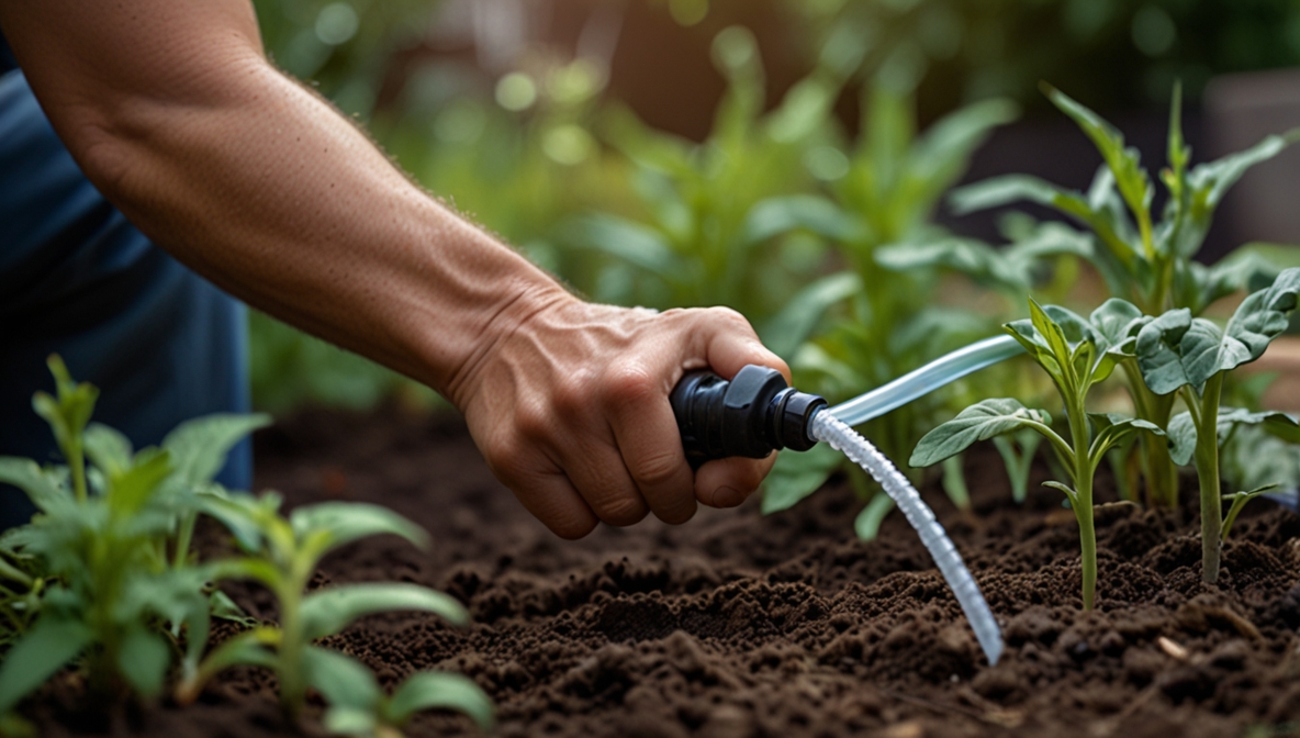 Einbau eines Tropfbewässerungssystems im Gartenbeet