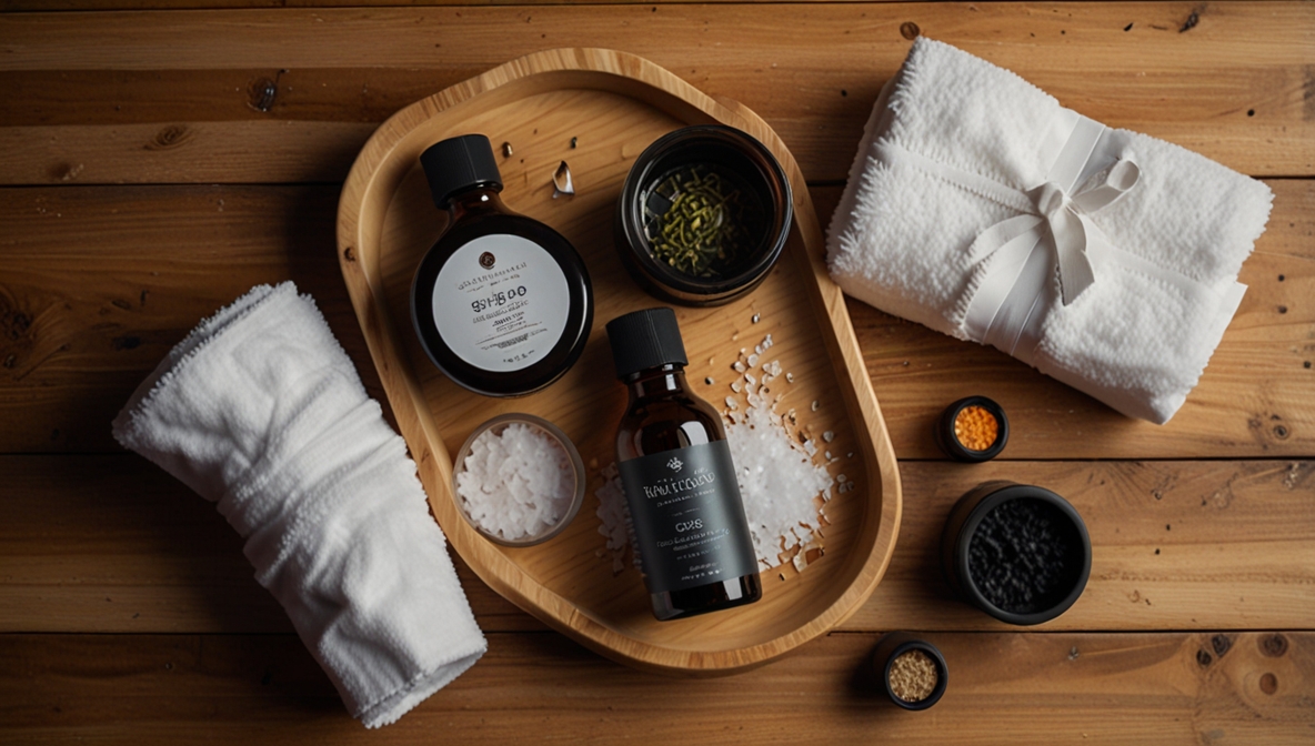 Whirlpool Zubehör Flat Lay – Badesalz, ätherische Öle, Bluetooth-Lautsprecher und Bambus-Tablett
